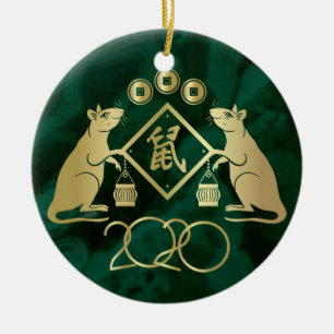 Chinese New Year of the Rat - Malachite and Gold Ceramic Tree Decoration