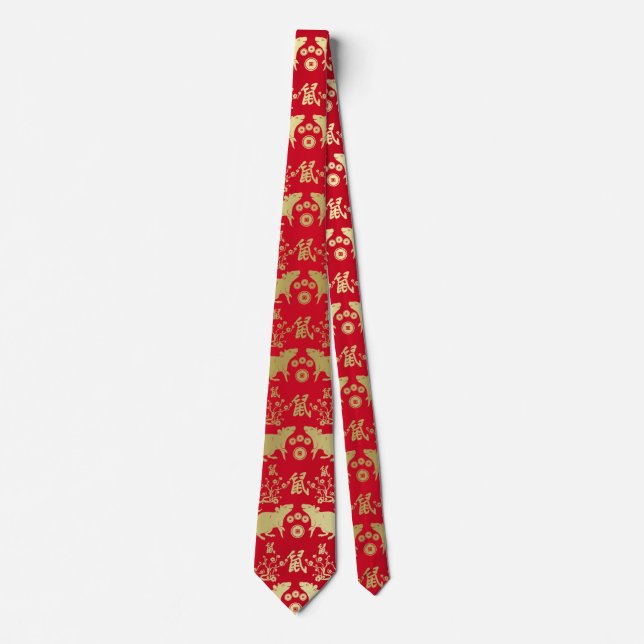 Chinese New Year of The Rat Pattern - Red and Gold Tie (Front)