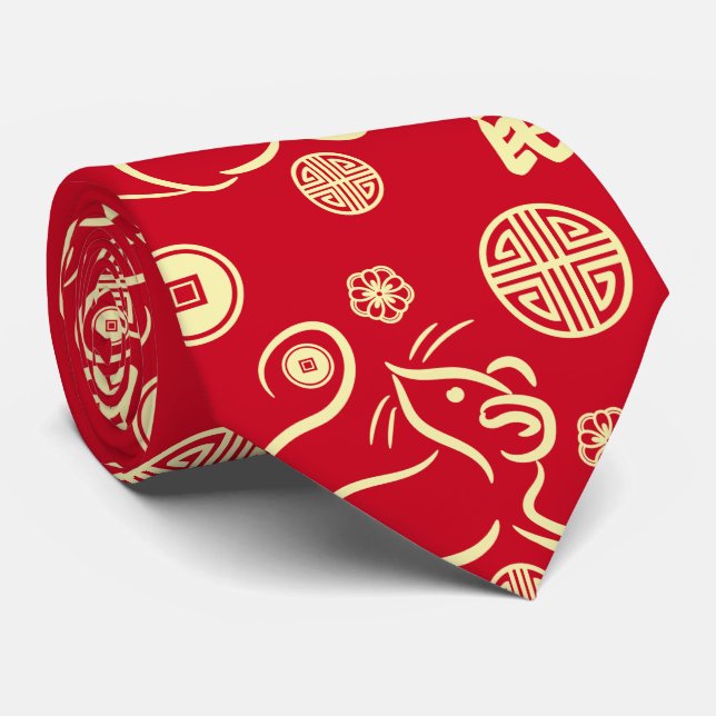 Chinese New Year of The Rat Pattern - Red and Gold Tie (Rolled)