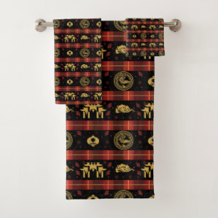 Chinese New Year of Tiger Red Check Pattern Bath Towel Set