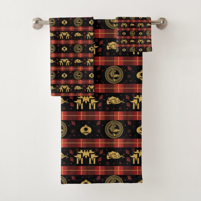 Chinese New Year of Tiger Red Check Pattern Bath Towel Set (Insitu)