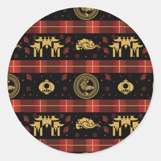 Chinese New Year of Tiger Red Check Pattern Classic Round Sticker (Front)