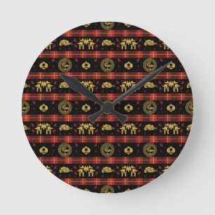 Chinese New Year of Tiger Red Check Pattern Round Clock