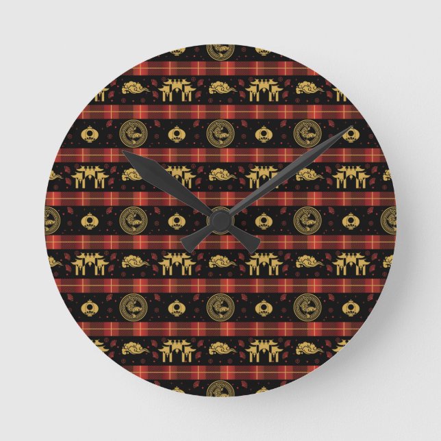 Chinese New Year of Tiger Red Check Pattern Round Clock (Front)