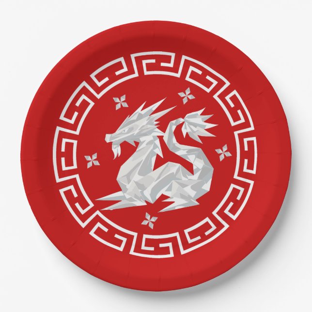 Chinese New Year Origami Dragon & Stars Paper Plate (Front)