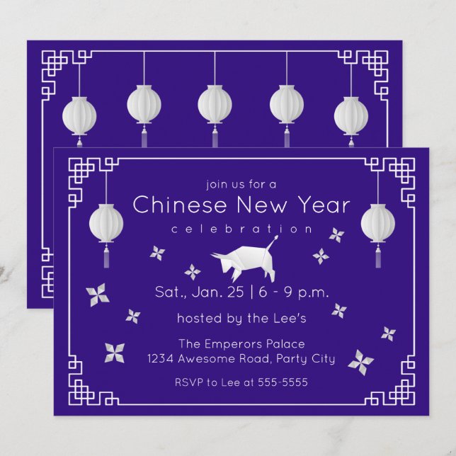 Chinese New Year Origami Ox, purple Invitation (Front/Back)