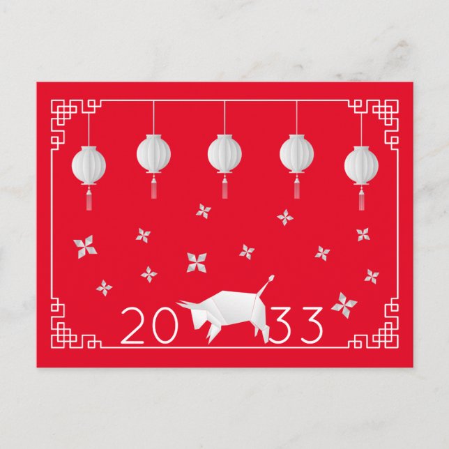 Chinese New Year Origami Ox, red Postcard (Front)