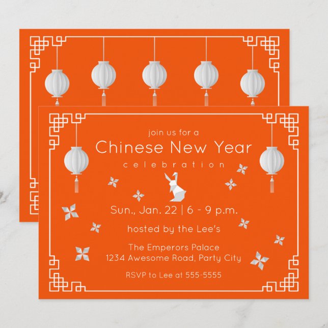 Chinese New Year Origami Rabbit, orange Invitation (Front/Back)