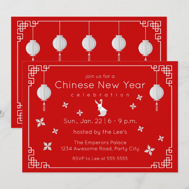 Chinese New Year Origami Rabbit, red Invitation (Front/Back)