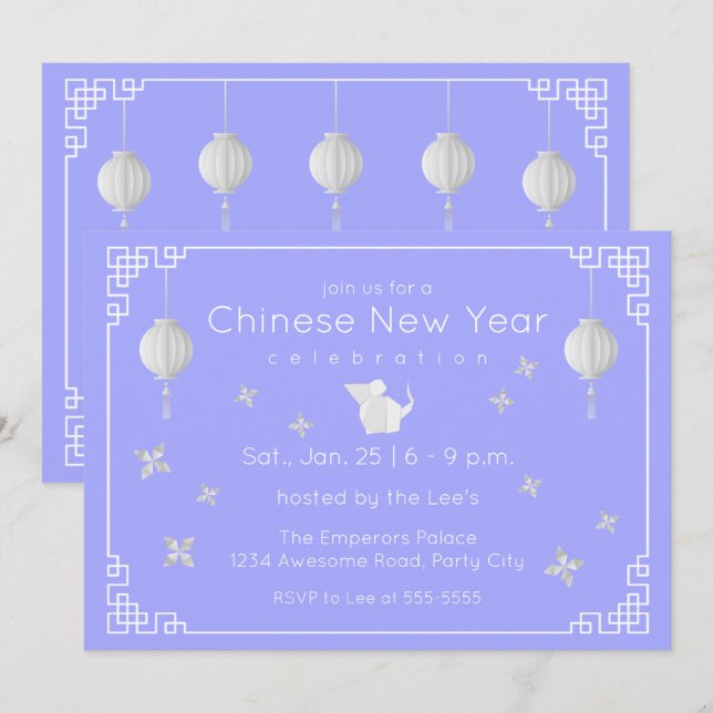 Chinese New Year Origami Rat, light blue Invitation (Front/Back)