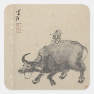 Chinese New Year Ox Painting Zodiac Birthday SqS Square Sticker