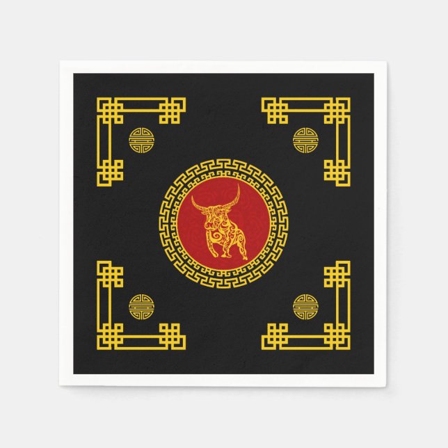 Chinese New Year Ox Red & Gold Ornament Napkin (Front)