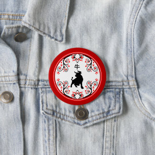 Chinese New Year Ox with Red Blossoms 7.5 Cm Round Badge