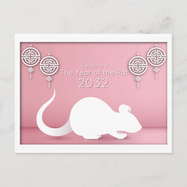 Chinese New Year Paper Cut Rat, pink Postcard (Front)