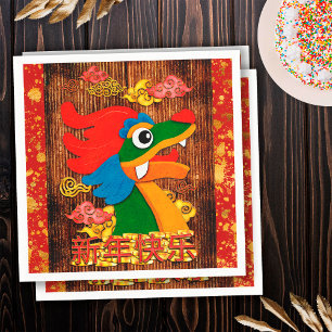 Chinese New Year Papercut Dragon Wood Red Gold Napkin