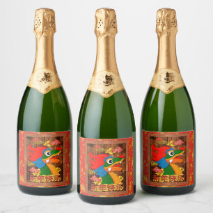 Chinese New Year Papercut Dragon Wood Red Gold Sparkling Wine Label