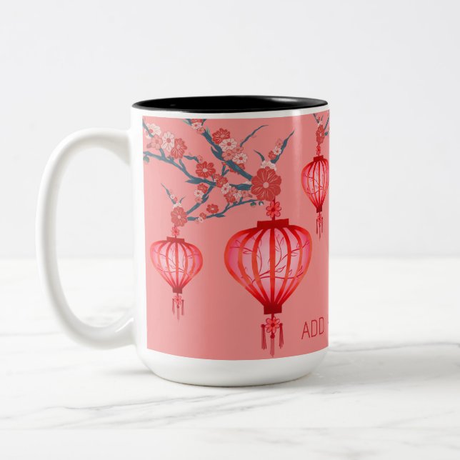 Chinese New Year Pink Red Lanterns Friends Gifts Two-Tone Coffee Mug (Left)