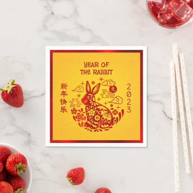 Chinese New Year Rabbit 2023 Red Foil Yellow Bold Napkin (Insitu)