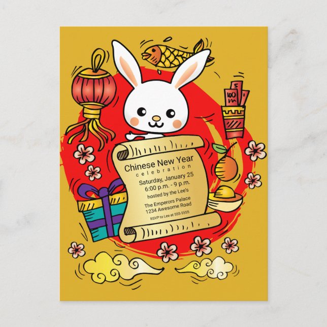 Chinese New Year Rabbit Cartoon Invitation Postcard (Front)