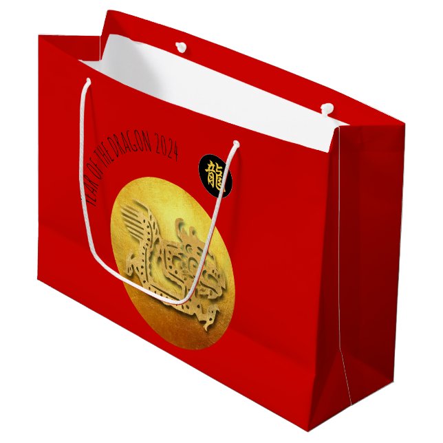 Chinese New Year Red Golden Dragon 2024 LGB Large Gift Bag (Front Angled)