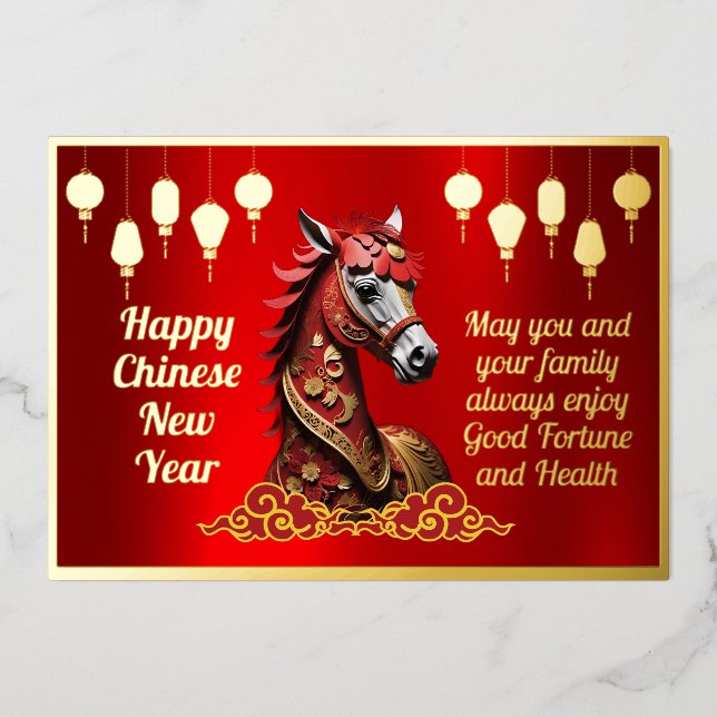 Chinese New Year Red Horse Foil Greeting Foil Holiday Card (Front)