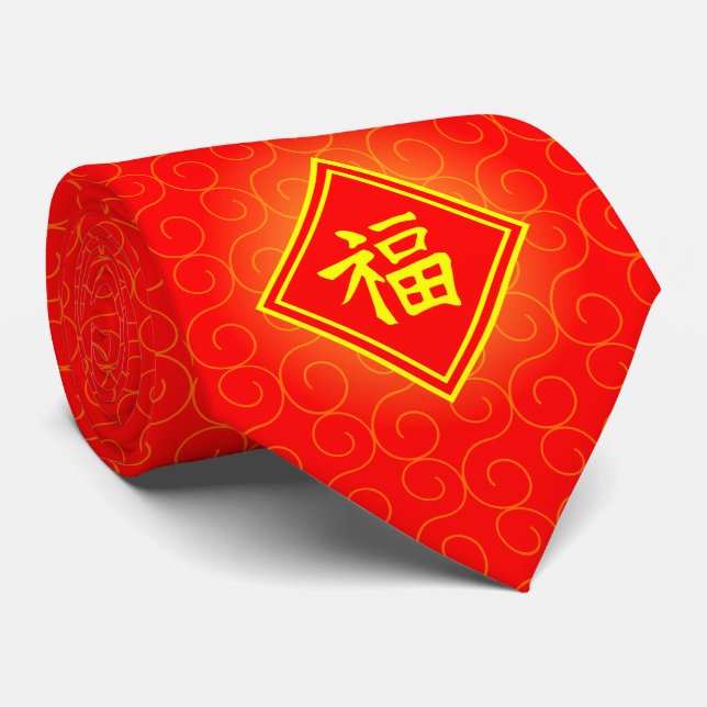 Chinese New Year - Red Lucky Fu Symbol Tie (Rolled)