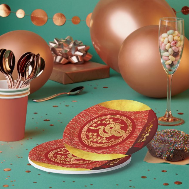 Chinese New Year Snake 2025 Gold Red PPRP Paper Plate (Multi)