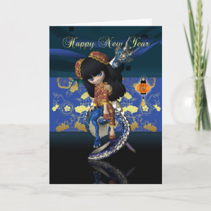 chinese new year with cute china doll with dragons holiday card