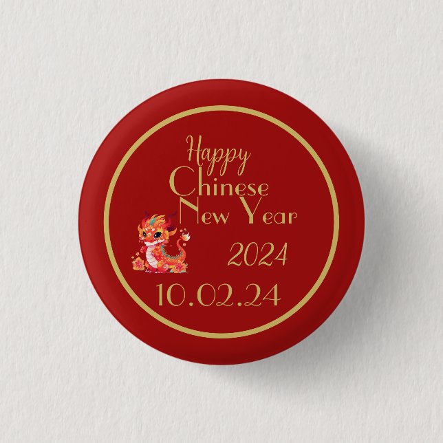 Chinese new year, year of the dragon, red and gold 3 cm round badge (Front)