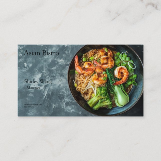 Chinese noodle bowl with spicy shrimp and veggies business card (Front)