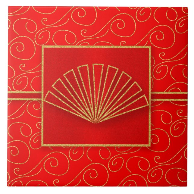 Chinese Open Fan in Faux Gold Glitter and Red Tile (Front)