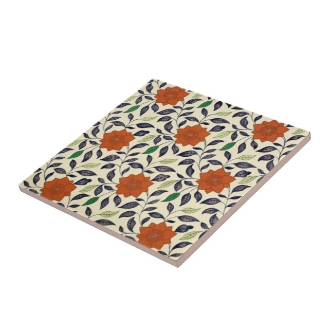 Chinese Orange Flower ~ Blue & Green Leaves ~ * ~ Tile (Side)