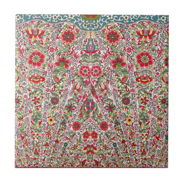 Chinese Oriental Floral Red Blue Tile (Front)