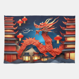 Chinese Origami Red Dragon Year KT Tea Towel