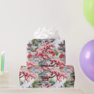 Chinese Pagoda Watercolor Pattern  Wrapping Paper