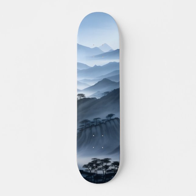 Chinese Painting Blue Misty Landscape With River  Skateboard (Front)