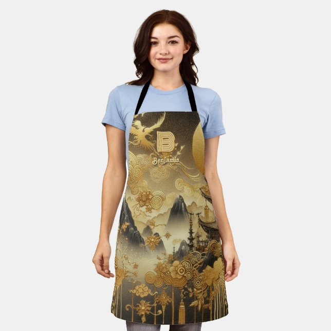 Chinese Painting Faux Golden Dripping Monogrammed  Apron (Worn)