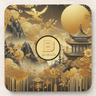 Chinese Painting Faux Golden Dripping Monogrammed  Coaster
