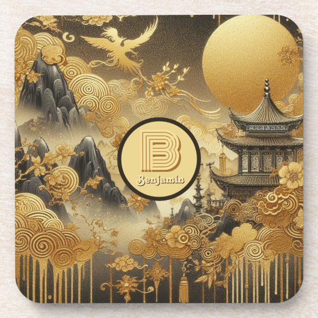 Chinese Painting Faux Golden Dripping Monogrammed  Coaster (Front)