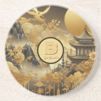 Chinese Painting Faux Golden Dripping Monogrammed  Coaster