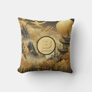Chinese Painting Faux Golden Dripping Monogrammed Cushion