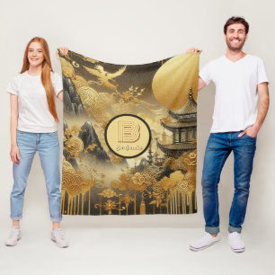 Chinese Painting Faux Golden Dripping Monogrammed  Fleece Blanket