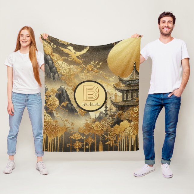 Chinese Painting Faux Golden Dripping Monogrammed  Fleece Blanket (In Situ)
