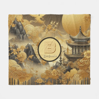 Chinese Painting Faux Golden Dripping Monogrammed  Fleece Blanket