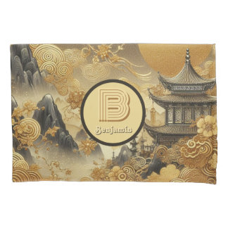 Chinese Painting Faux Golden Dripping Monogrammed  Pillowcase