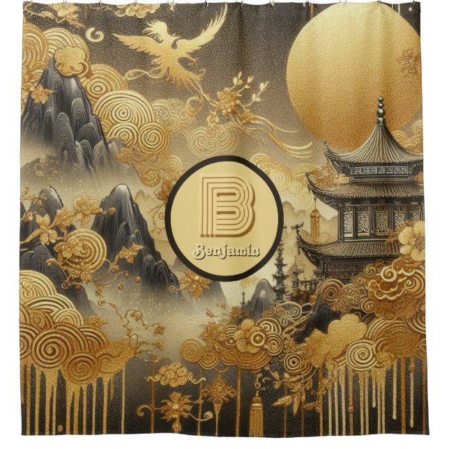 Chinese Painting Faux Golden Dripping Monogrammed  Shower Curtain (Front)