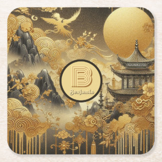 Chinese Painting Faux Golden Dripping Monogrammed  Square Paper Coaster