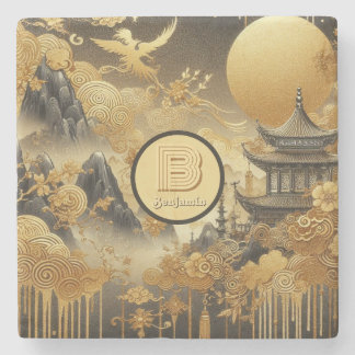 Chinese Painting Faux Golden Dripping Monogrammed  Stone Coaster