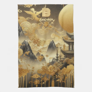 Chinese Painting Faux Golden Dripping Monogrammed Tea Towel