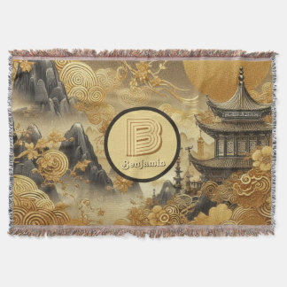 Chinese Painting Faux Golden Dripping Monogrammed  Throw Blanket